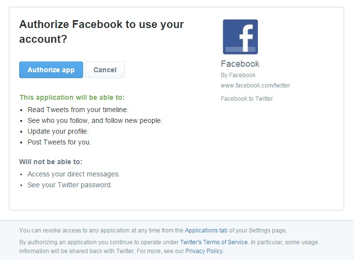 Facebook to Twitter authorize app